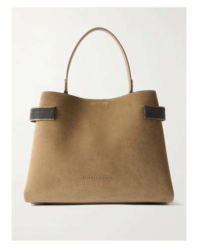 Brunello Cucinelli Bead-embellished Suede Shoulder Bag - Brown Brown