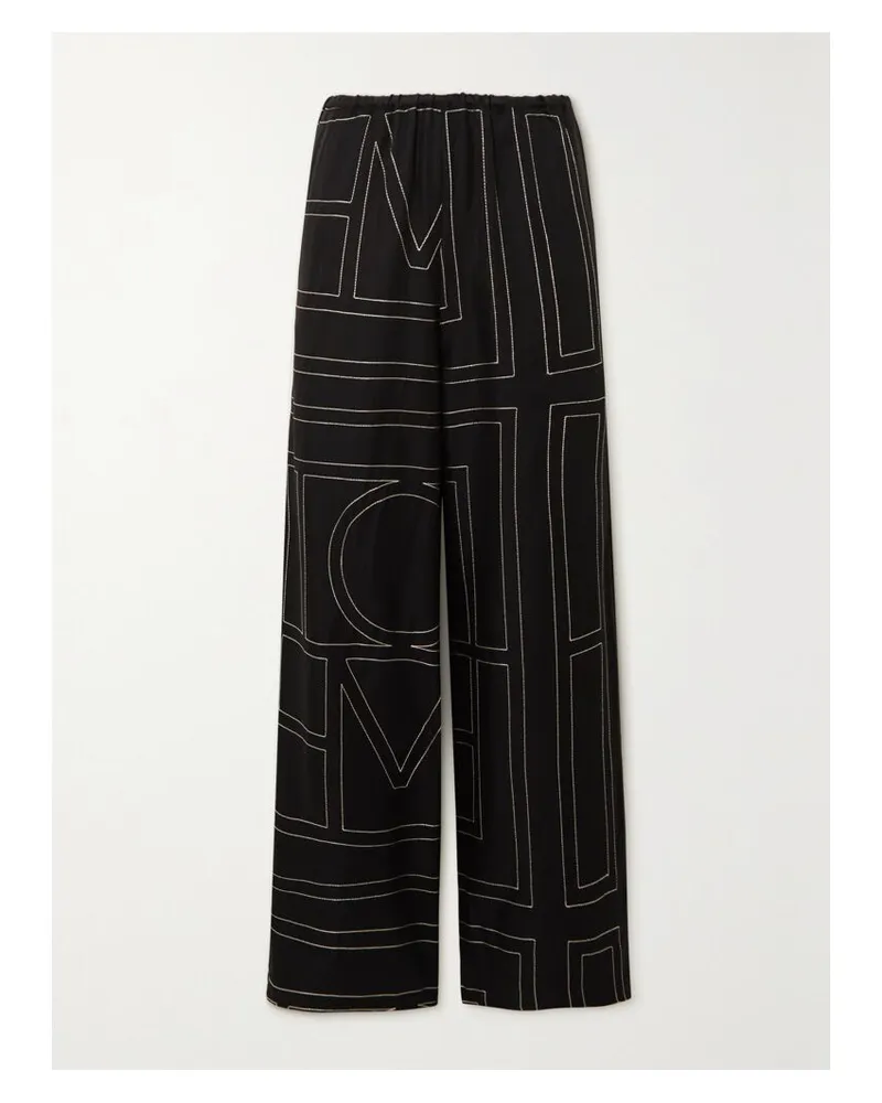 Totême Hose Mit Weitem Bein Aus Besticktem Seiden-twill - Schwarz Schwarz