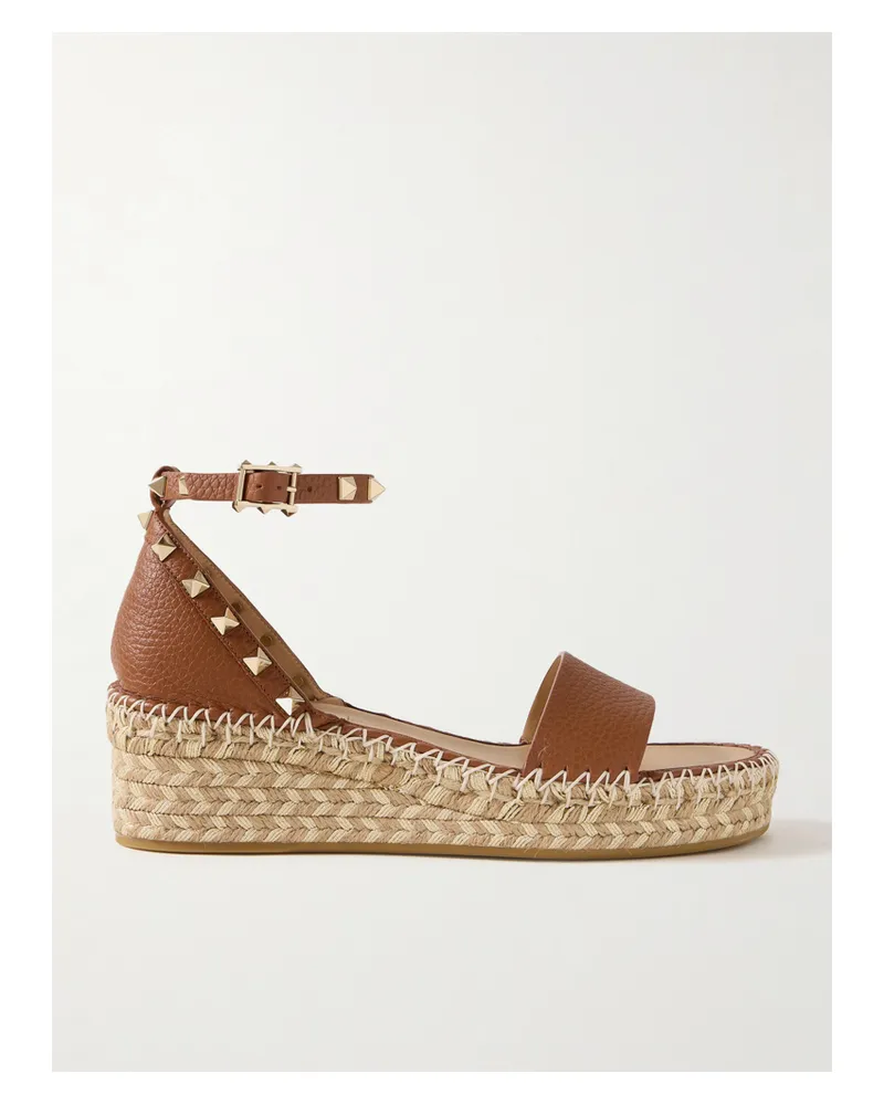 Valentino Garavani Rockstud 55 Espadrille-wedges Aus Strukturiertem Leder - Braun Braun