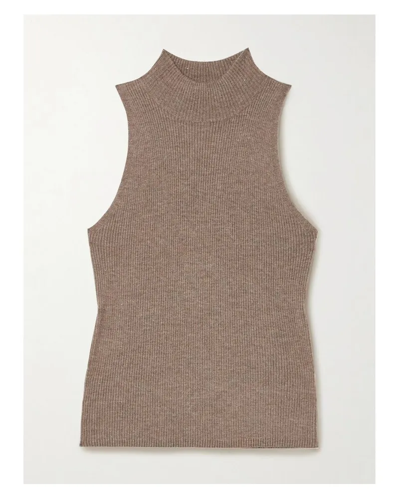 Brunello Cucinelli Ärmelloser Stehkragenpullover Aus Metallic-rippstrick - Braun Braun