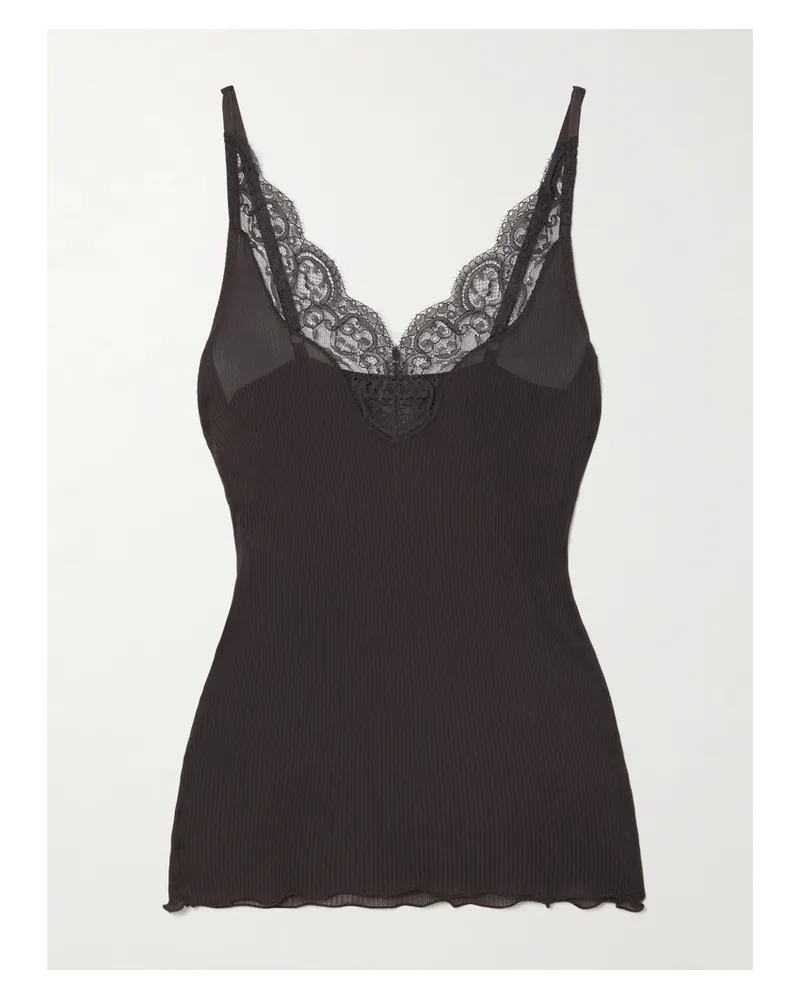 Saint Laurent Top Aus Geripptem Seiden-jersey Mit Spitzenbesatz - Schwarz Schwarz