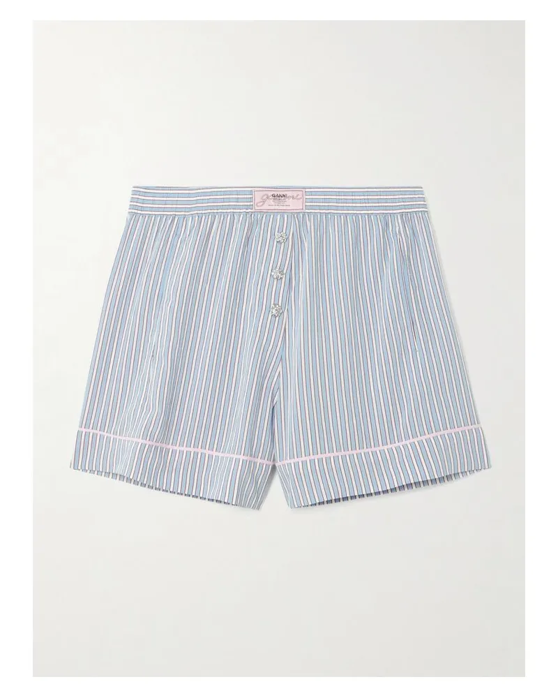 Ganni Shorts Aus Gestreifter Popeline Mit Kristallen - Blau Blau