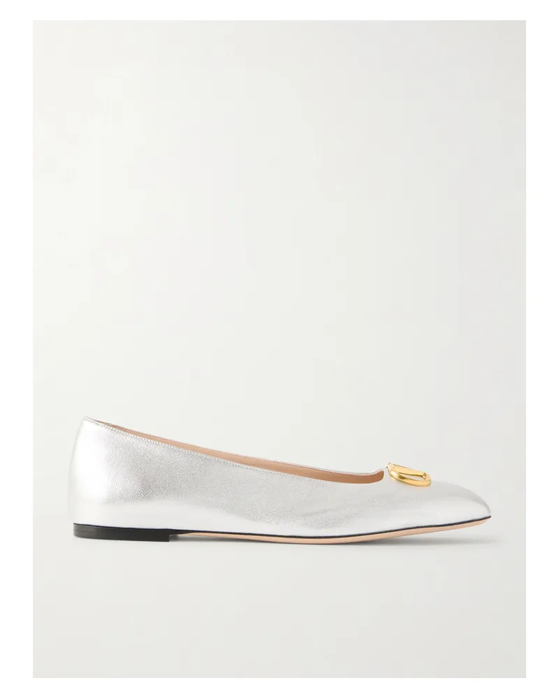 Valentino Garavani Vlogo Metallic Leather Ballet Flats - Silver Silver