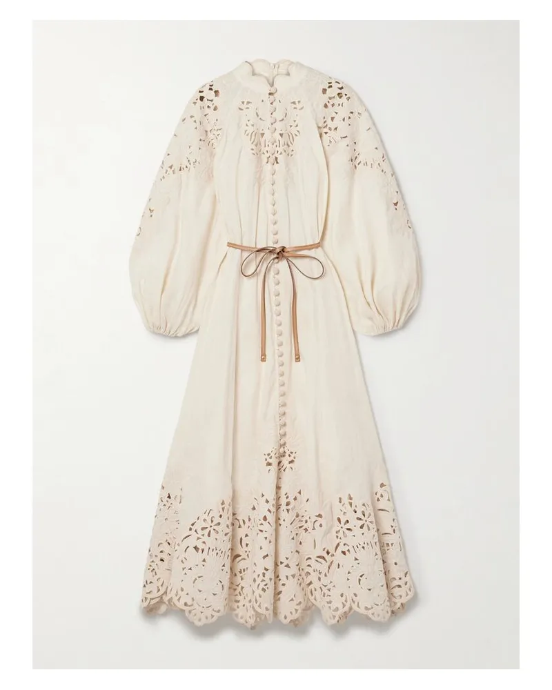 Zimmermann Wylie Midikleid Aus Leinen Mit Lochstickerei Und Bindegürtel - Neutral Neutral