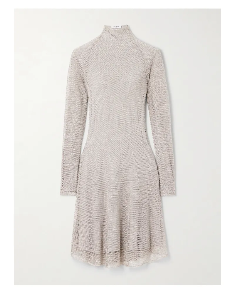 Alaïa Metallic Open-knit Turtleneck Mini Dress - Silver Silver