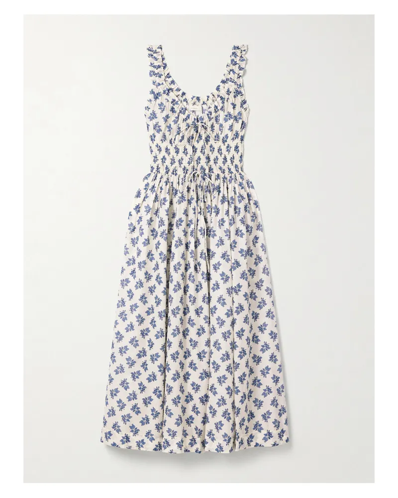 DÔEN Emmaretta Midikleid Aus Biobaumwoll-voile Mit Blumenprint Und Raffungen - Blau Blau