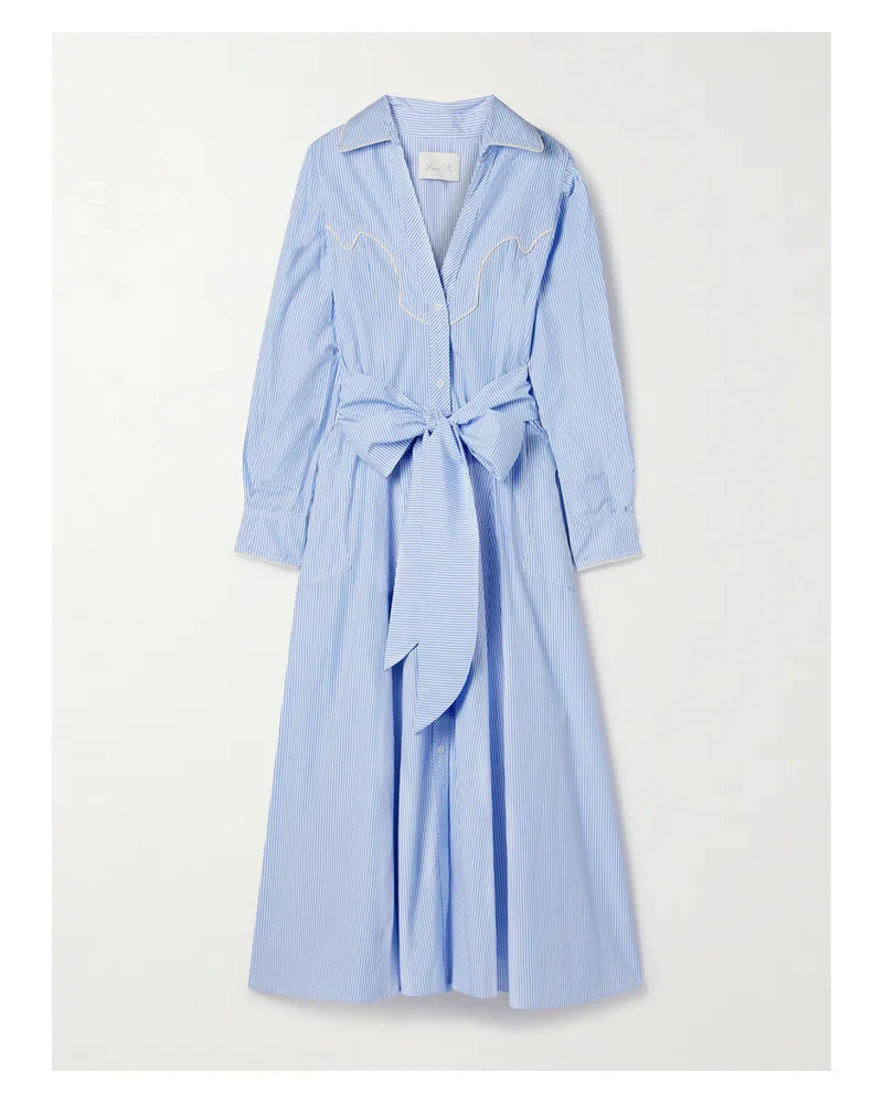 Johanna Ortiz Vela De Cruz Belted Embroidered Striped Poplin Midi Shirt Dress - Blue Blue