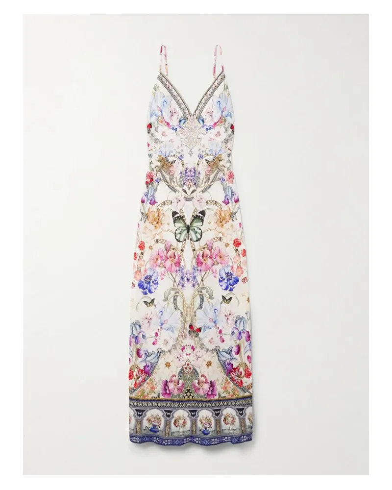Camilla Monserrate Magic Maxikleid Aus Leinen Mit Blumenprint Und Kristallen - Weiß Weiß
