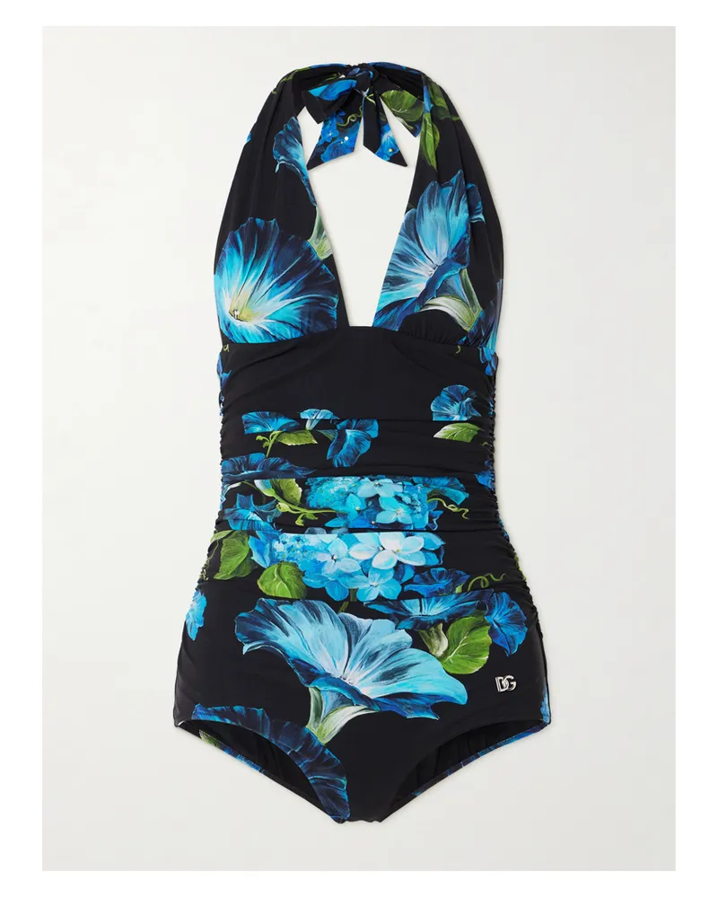 Dolce & Gabbana Neckholder-badeanzug Mit Raffungen Und Blumenprint - Blau Blau