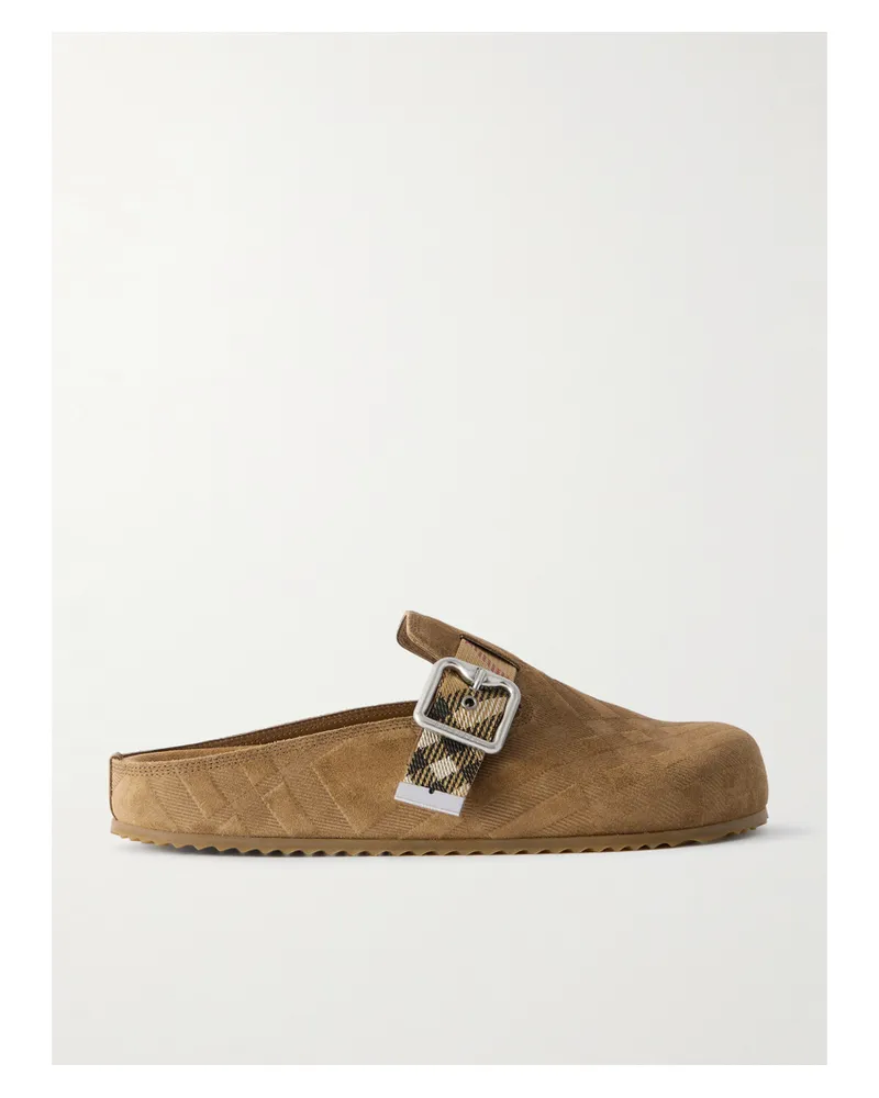 Burberry Urchin Slippers Aus Strukturiertem Veloursleder Mit Besatz Aus Canvas Mit Jacquard-muster - Neutral Neutral