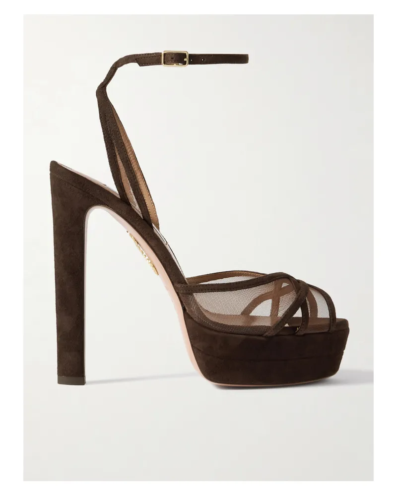 Aquazzura Shear Plateau 130 Plateausandalen Aus Mesh Mit Velourslederbesätzen - Braun Braun