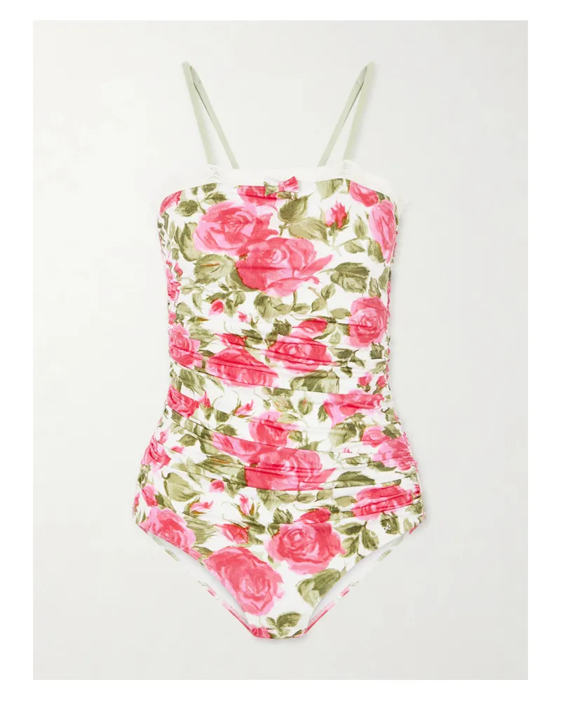 Chloé Bow-detailed Ruched Lace-trimmed Floral-print Swimsuit - White White