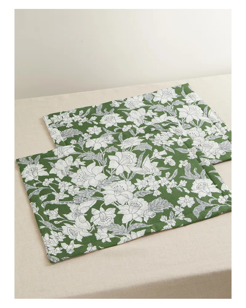 La DoubleJ Set Aus Zwei Platzsets Aus Leinen Mit Blumenprint - Grün Grün