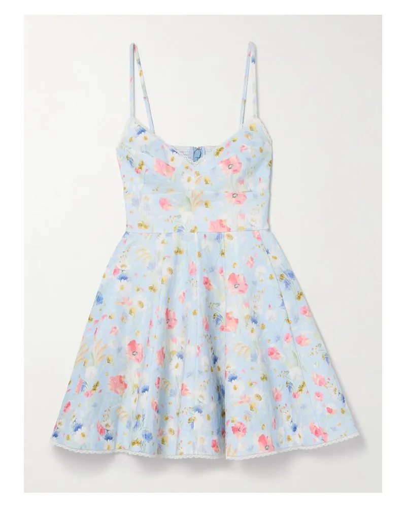 Zimmermann Lucky Minikleid Aus Leinen Mit Blumenprint Und Spitzenbesatz - Blau Blau