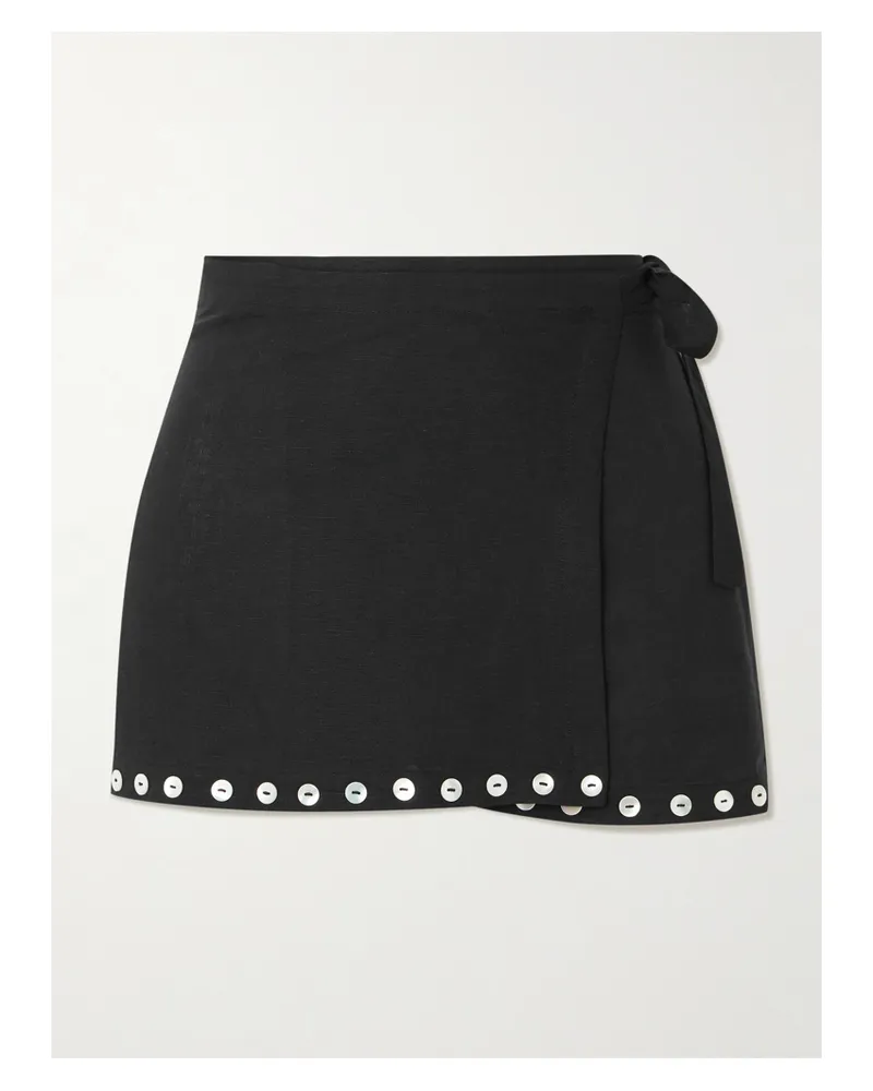 STAUD Zandra Button-detailed Linen-blend Mini Wrap Skirt - Black Black