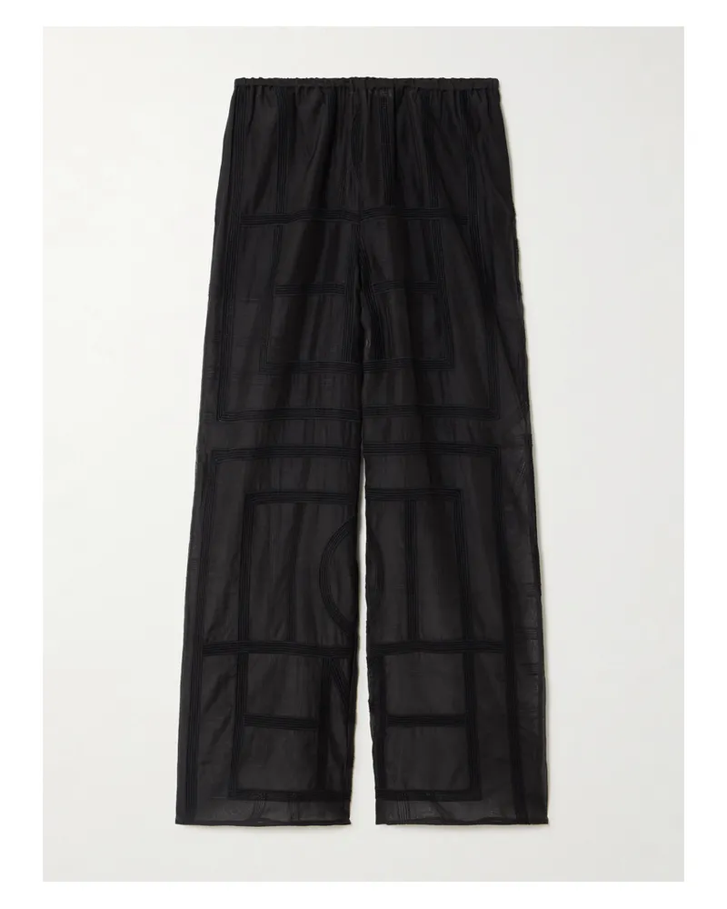 Totême Hose Mit Weitem Bein Aus Besticktem Voile Aus Einer Biobaumwoll-seidenmischung - Schwarz Schwarz