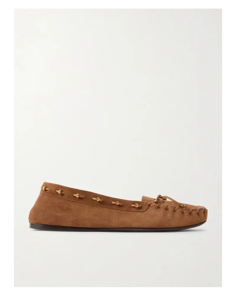 KHAITE Milly Embellished Whipstitched Suede Loafers - Brown Brown