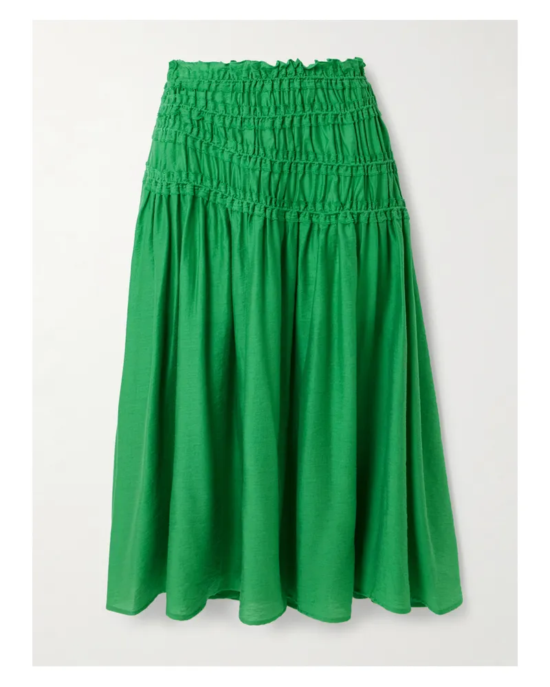 Tory Burch Ruffled Smocked Lyocell-blend Midi Skirt - Green Green