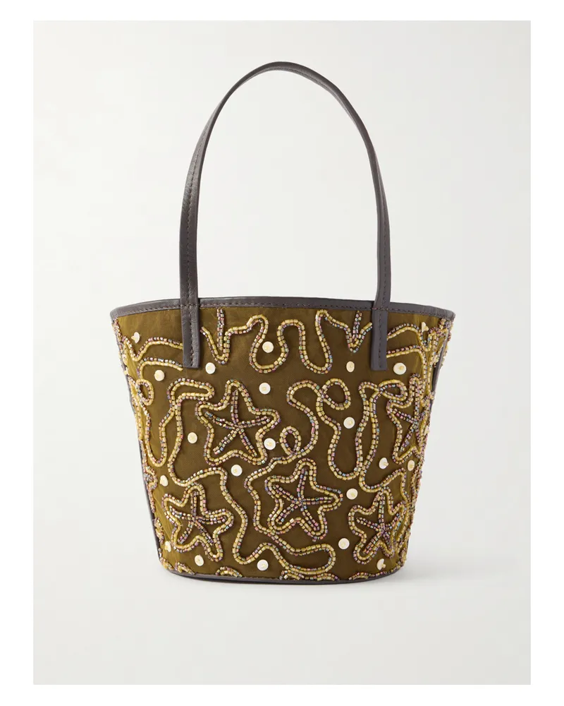 STAUD Caro Leather-trimmed Embellished Tote Bag - Metallic Metallic