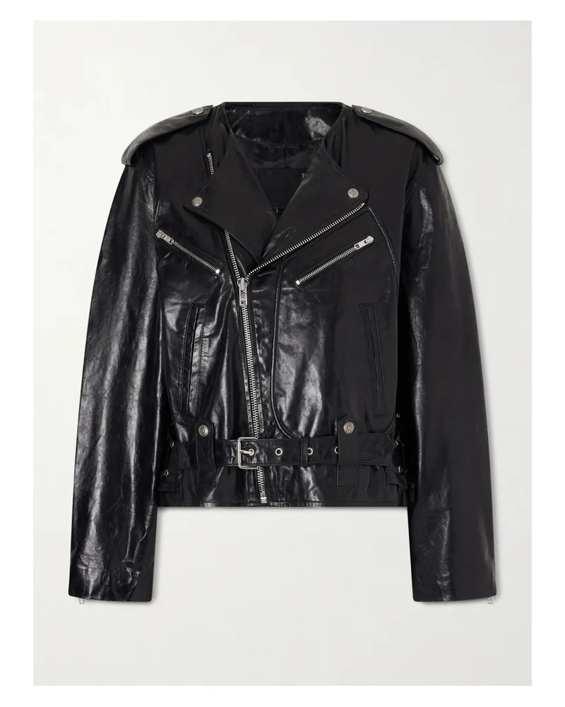 R13 Belted Embellished Leather Biker Jacket - Black Black