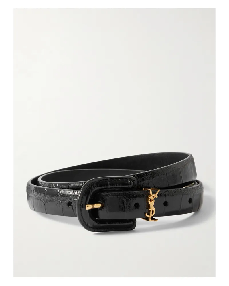 Saint Laurent Cassandre Embellished Croc-effect Leather Belt - Black Black