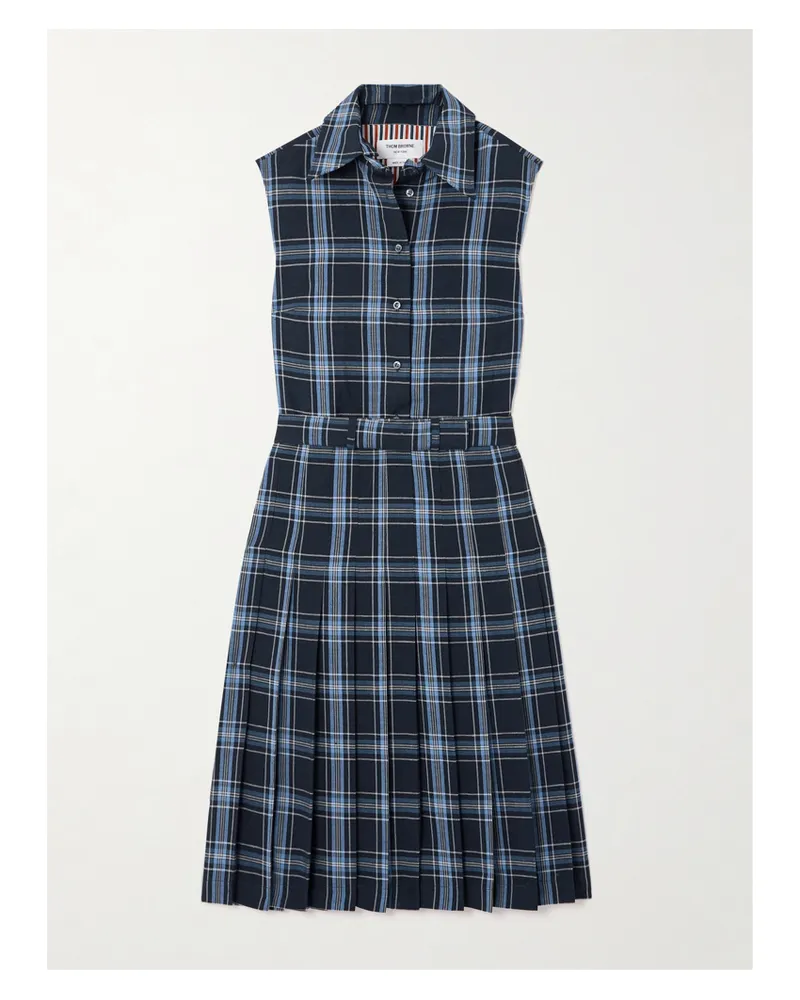 Thom Browne Midikleid Aus Einer Karierten Woll-leinenmischung Mit Gürtel - Blau Blau