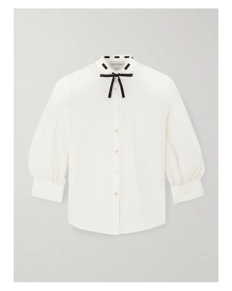 Valentino Garavani Bluse Aus Baumwolle Mit Lockstickerei Und Schleife - Elfenbein Elfenbein
