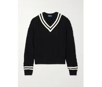 Verkürzter Zopfstrickpullover Aus Baumwolle Mit Streifen - Schwarz