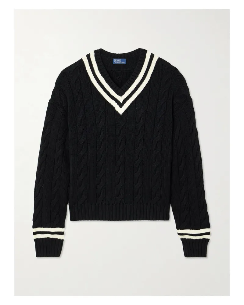 Ralph Lauren Verkürzter Zopfstrickpullover Aus Baumwolle Mit Streifen - Schwarz Schwarz