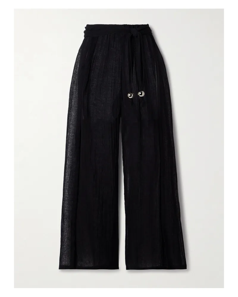 Lisa Marie Fernandez Embellished Belted Crinkled Linen-blend Gauze Wide-leg Pants - Black Black
