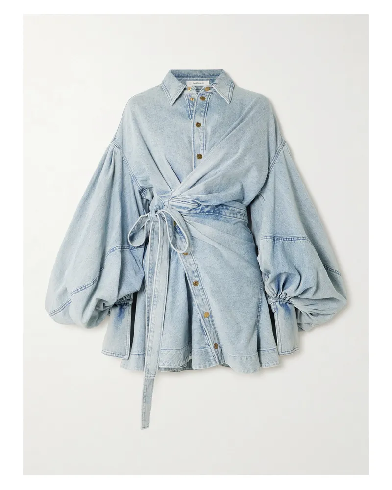 Zimmermann Rebellion Gathered Denim Mini Wrap Dress - Blue Blue