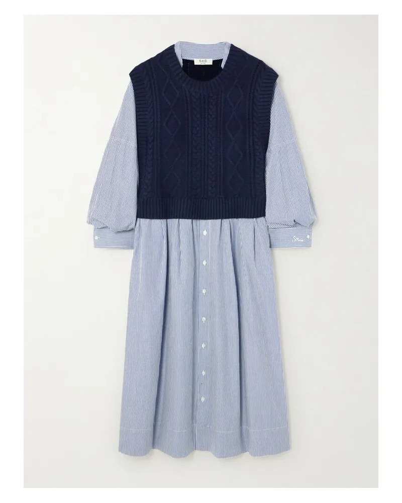Sea Caleb Midikleid Aus Gestreifter Baumwollpopeline Und Merinowolle In Zopfstrick - Blau Blau