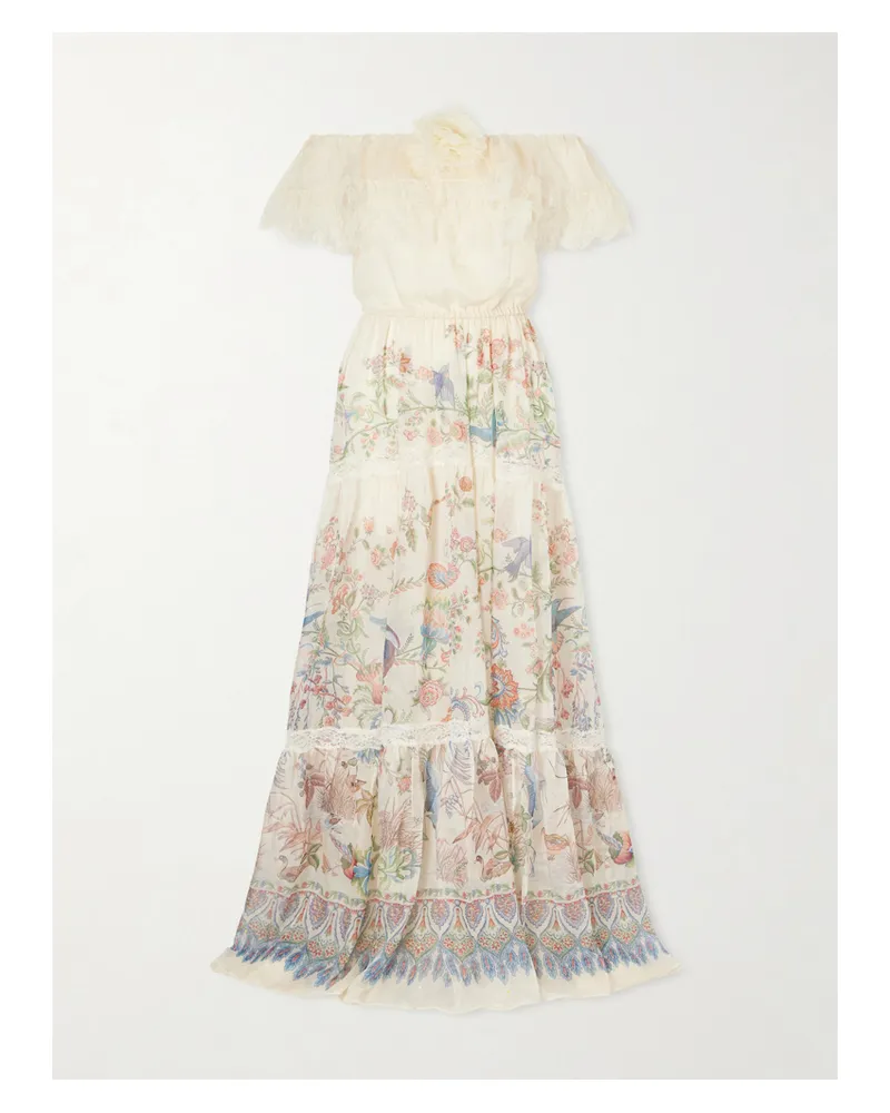 Etro Off-the-shoulder Lace-trimmed Floral-print Silk-chiffon Maxi Dress - Multi Multi