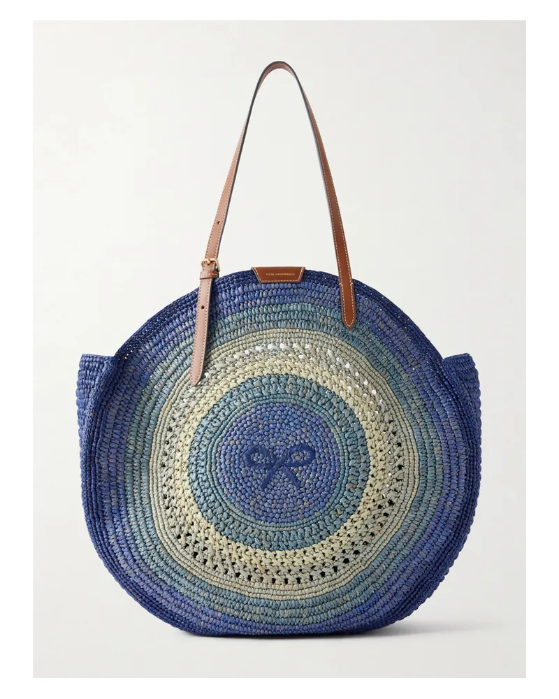 Anya Hindmarch Bow Leather-trimmed Embroidered Raffia Tote - Blue Blue