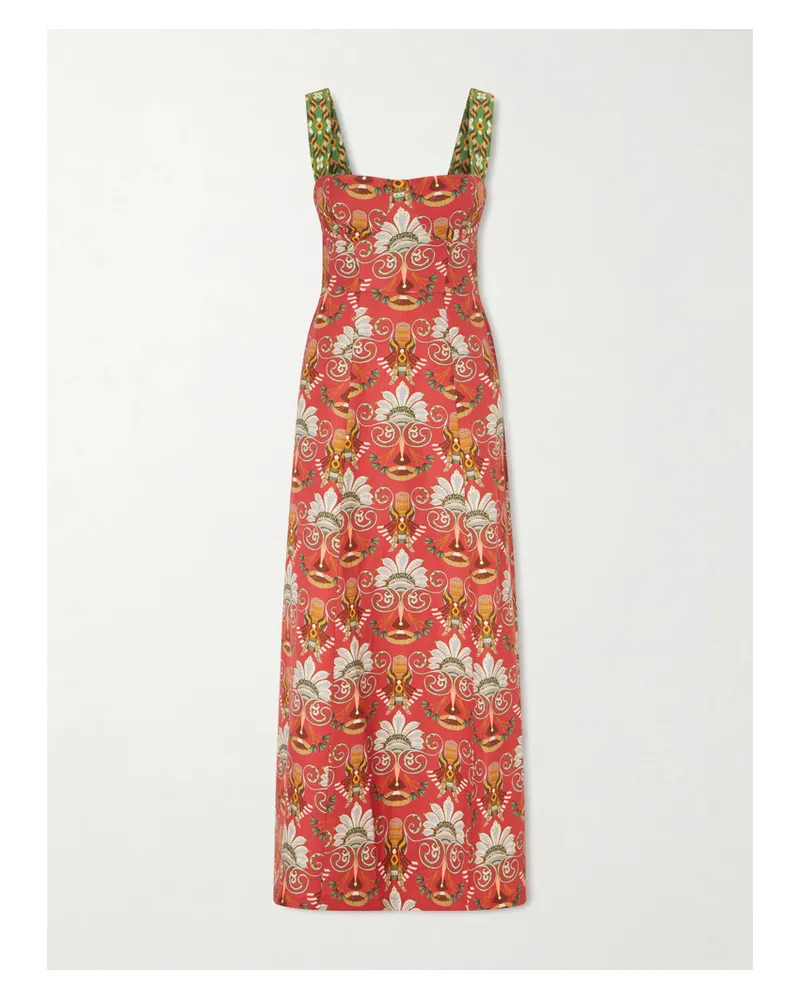 Emporio Sirenuse Azzurra Open-back Floral-print Linen And Cotton-blend Midi Dress - Red Red