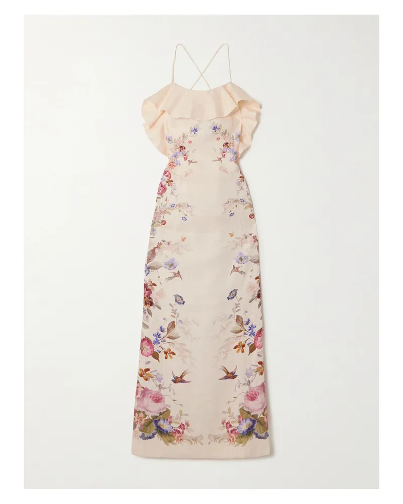 Zimmermann Patience Ruffled Printed Linen Midi Dress - Neutrals Neutrals