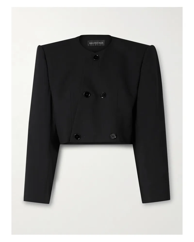 Balenciaga Spencer Cropped Asymmetric Double-breasted Wool Jacket - Black Black