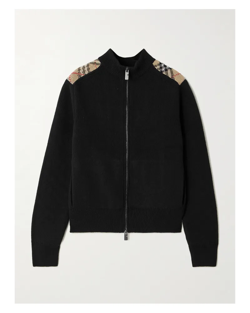 Burberry Checked Ribbed Wool And Cashmere-blend Turtleneck Cardigan - Black Black