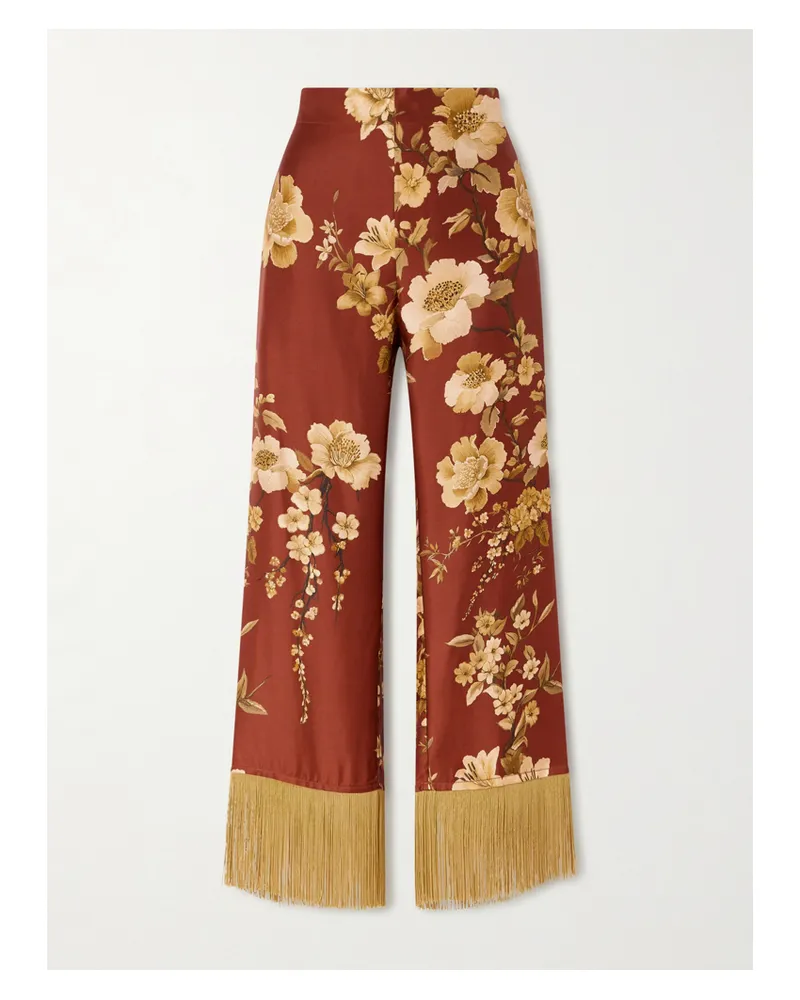 Borgo De Nor Haven Fringed Floral-print Silk-twill Pants - Brown Brown