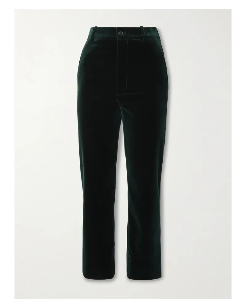 Saint Laurent Cropped Cotton-velvet Slim-leg Pants - Green Green