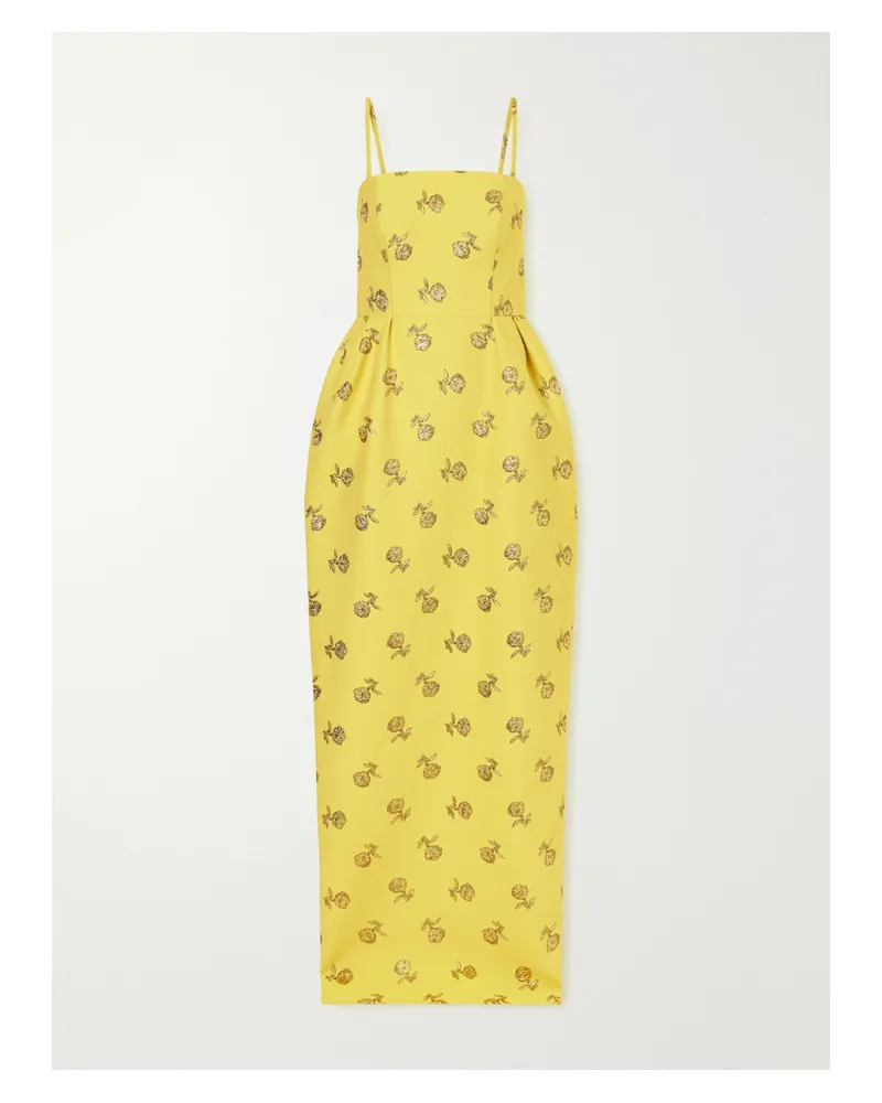 Carolina Herrera New York Pleated Floral-jacquard Lurex-trimmed Crepe Gown - Yellow Yellow