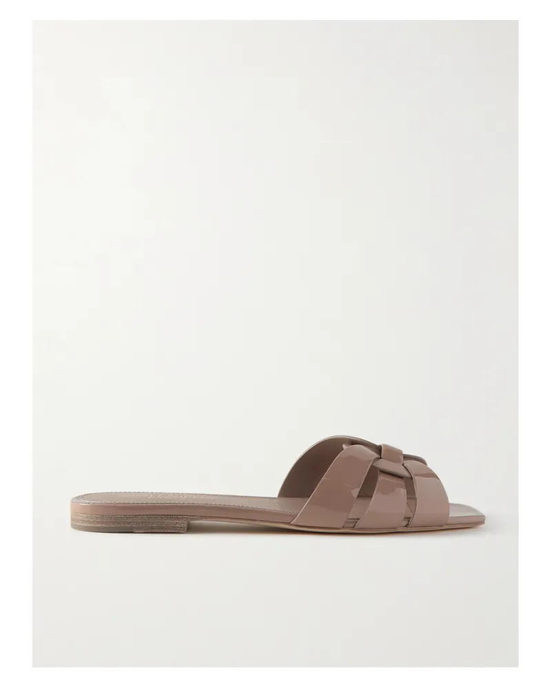 Saint Laurent Tribute Woven Patent-leather Slides - Neutrals Neutrals