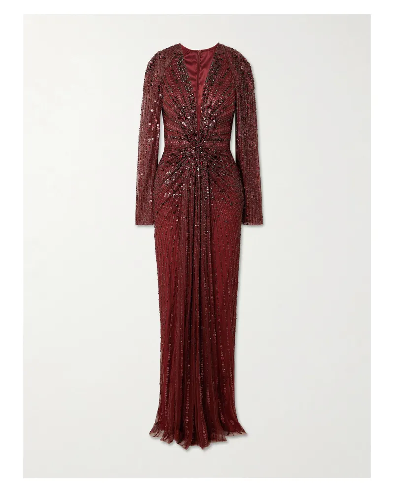 Jenny Packham Nina Gathered Embellished Tulle Gown - Burgundy Burgundy