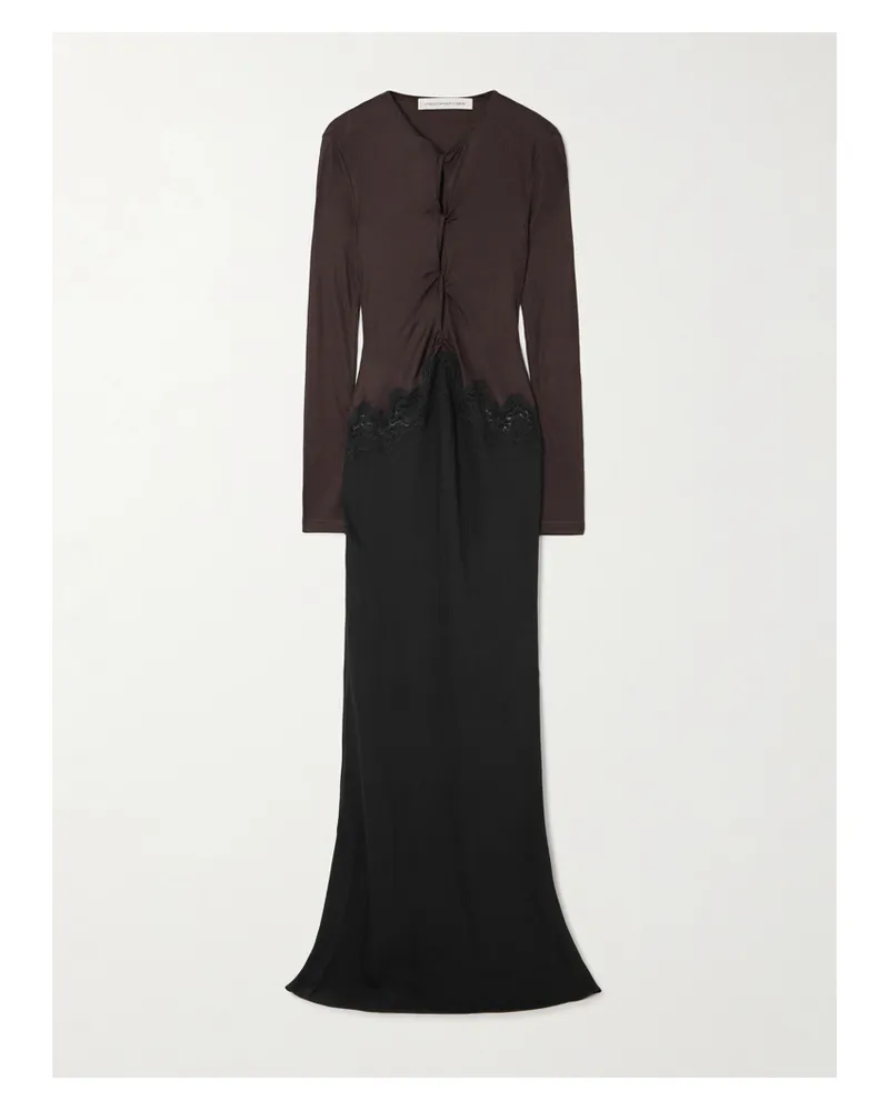 Christopher Esber Cutout Twist-front Lace-trimmed Ribbed-knit And Crepe Gown - Brown Brown
