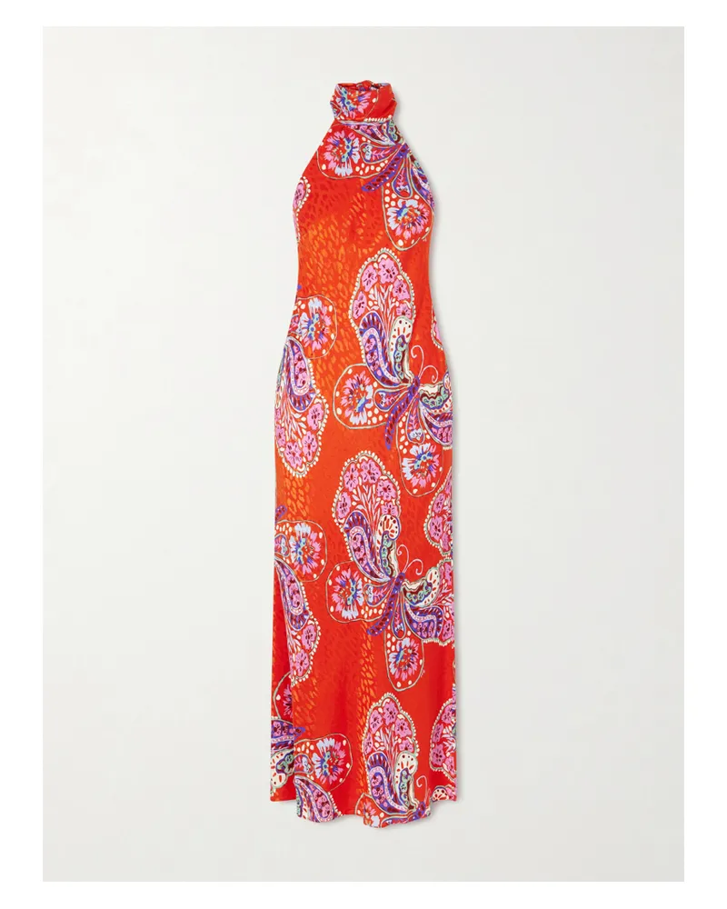 RIXO Maura Printed Satin Midi Dress - Red Red