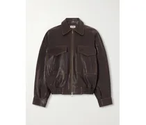 Eugene Oversized Textured-leather Bomber Jacket - Brown