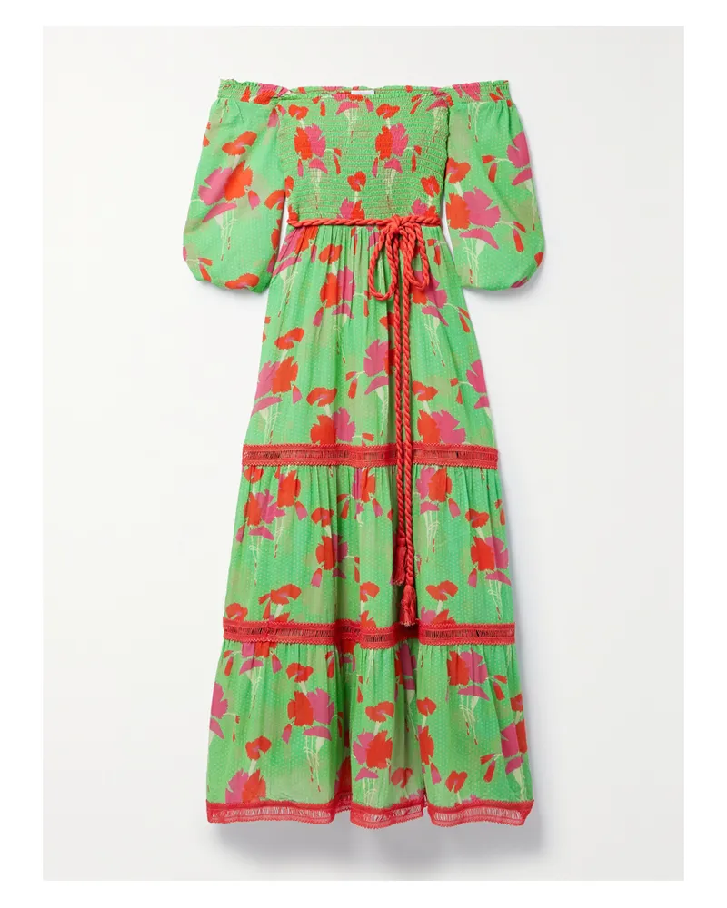 Miguelina Mabelle Maxikleid Aus Bedrucktem Baumwoll-voile Mit Häkelbesätzen Und Raffungen - Grün Grün