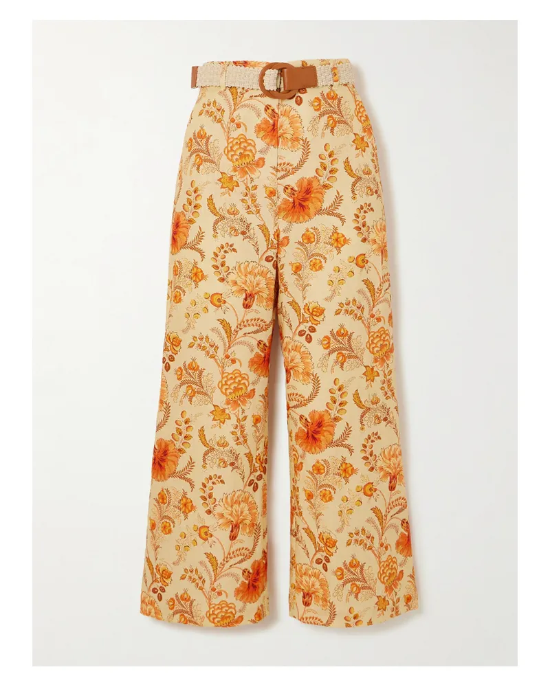 Zimmermann Net Sustain Junie Verkürzte Hose Mit Weitem Bein Aus Leinen Mit Blumenprint Und Gürtel - Creme Creme