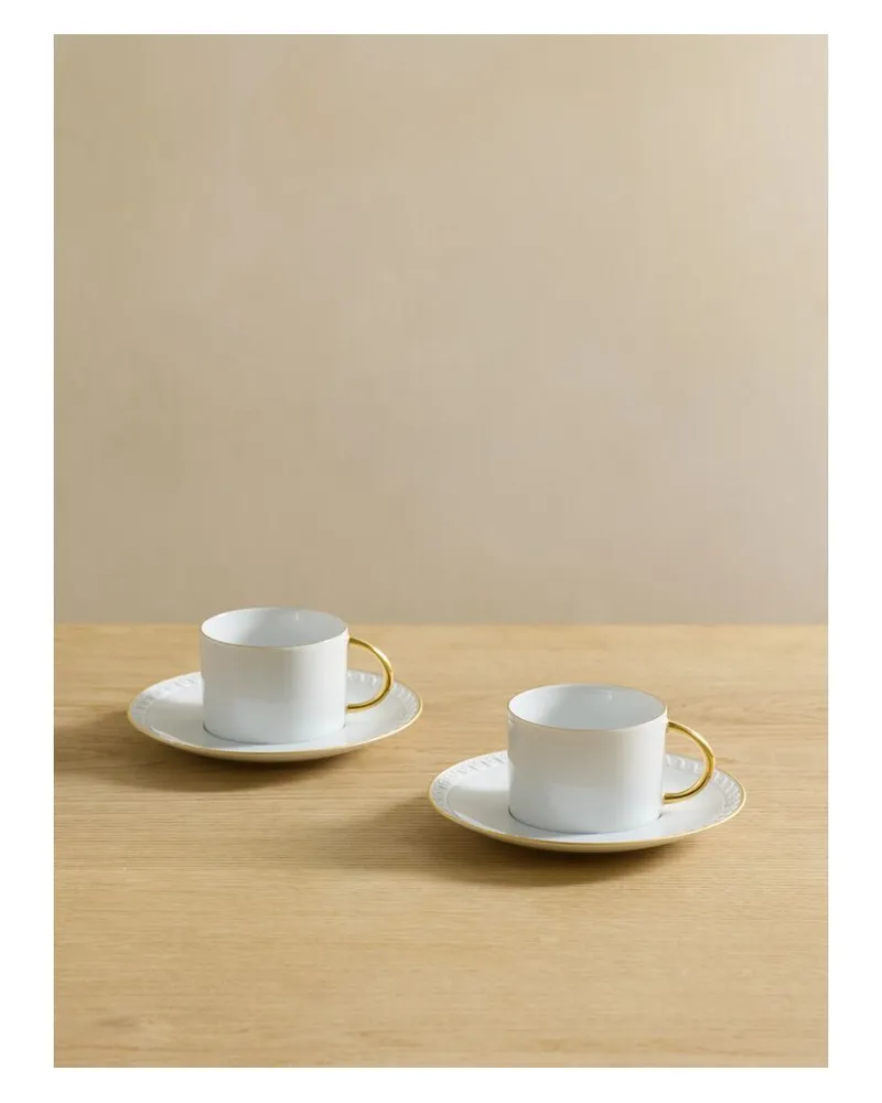 L’OBJET Neptune Set Aus Zwei Teetassen Und Untertassen Aus Porzellan Mit Vergoldeten Details - Weiß Weiß