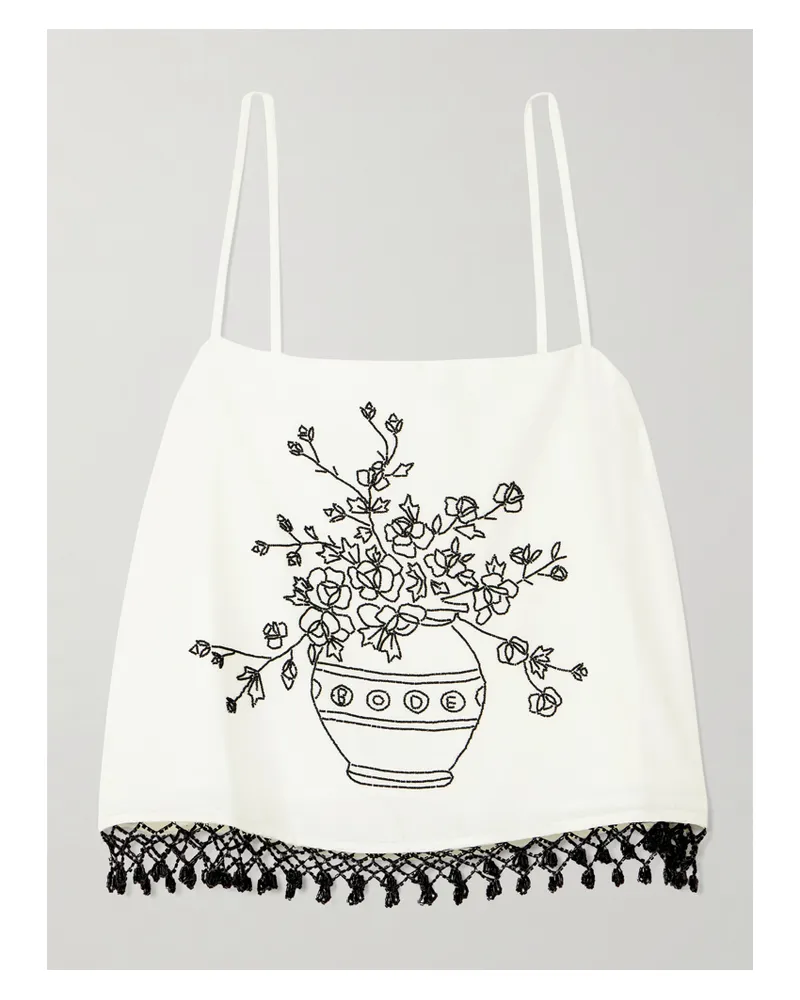BODE Rosebloom Cropped Bead-embellished Fringed Cotton And Silk-blend Top - White White
